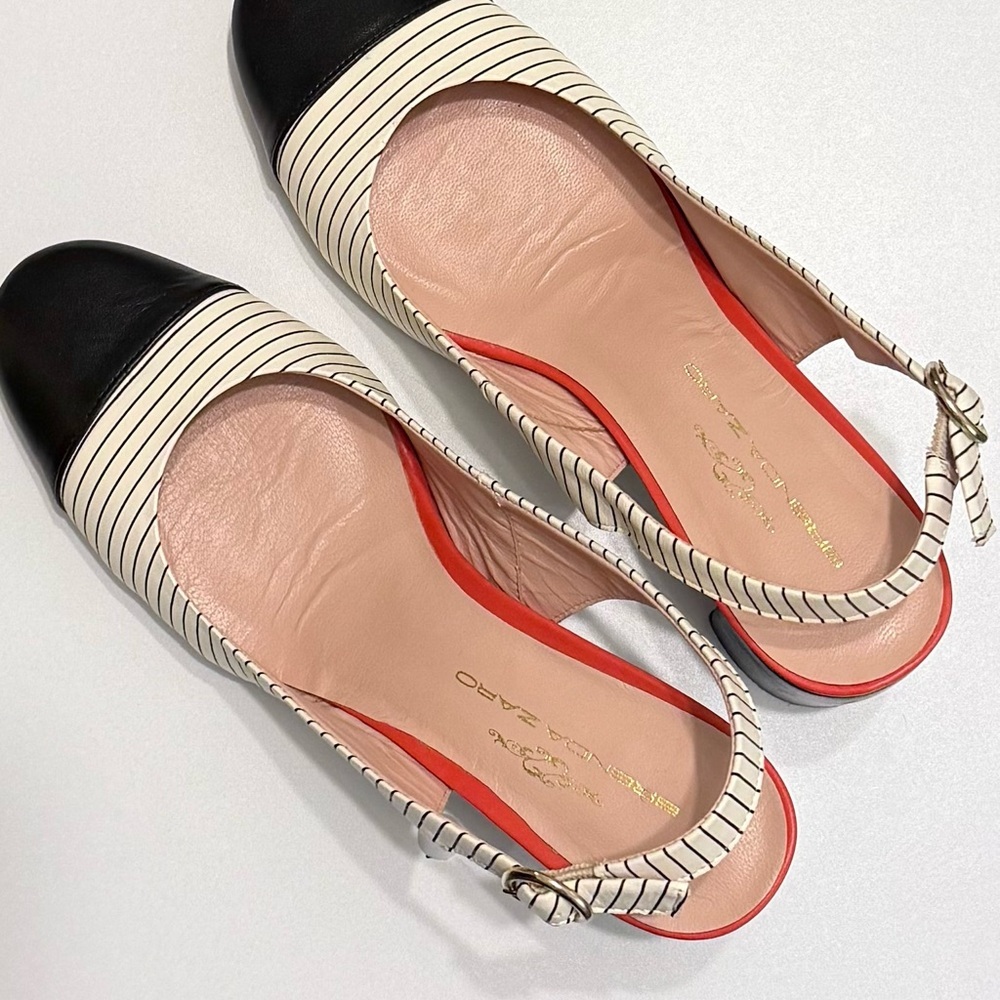 Brenda Zaro Black and Cream Striped Slingback Heels Size 41